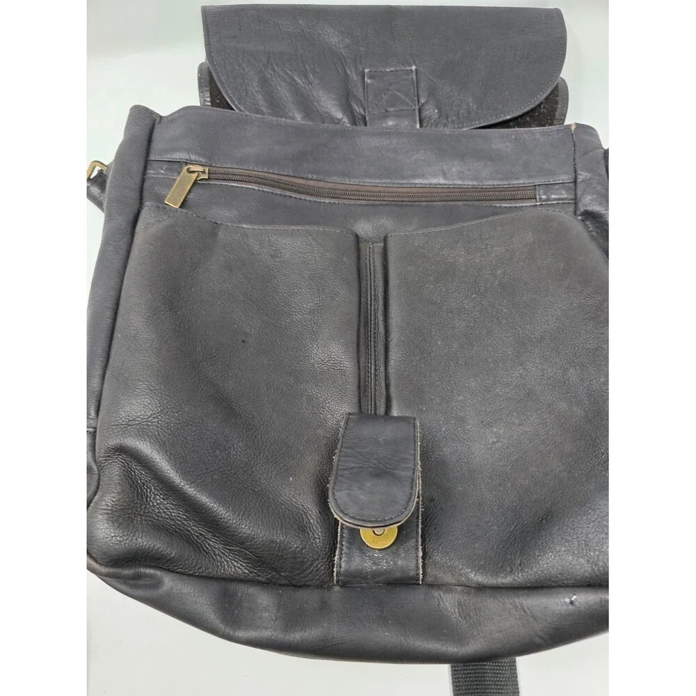 Black Genuine Leather Messenger Bag Crossbody Hair-On-Hide Interior Flap